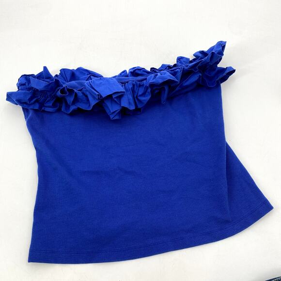 Anthropologie Maeve Blue RIbbed Strapless Ruffle Top - Picture 3 of 5